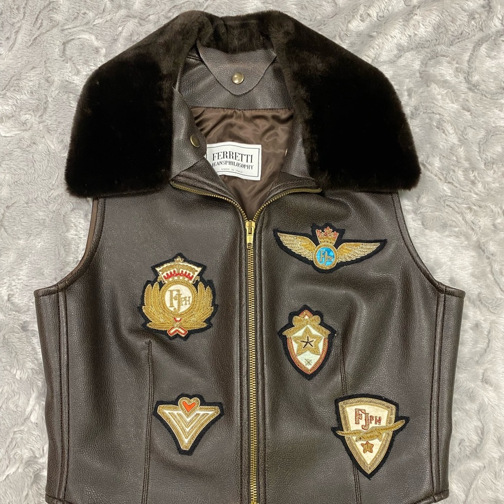 Ferretti Women S Aviator Style Vest Brown Faux Leather Biker Badges Made Italy